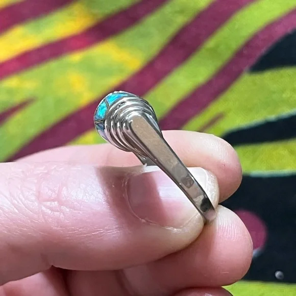 VTG Blue Fire Opal Inlay Sterling Silver 925 Artisan Made Size 8 3/4 Ring - Picture 4 of 6